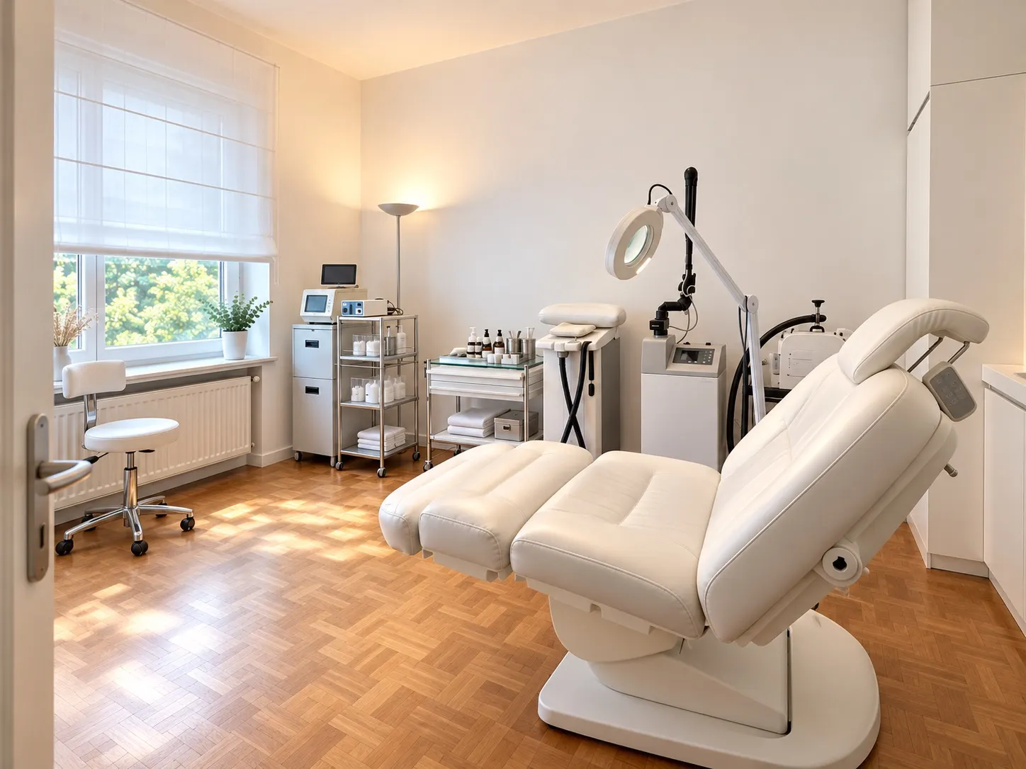 Cabinet de soins de la Clinique Les Lauriers, fauteuil blanc et lumière naturelle